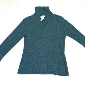 Worthington Essentials Teal Black Speckled Ribbed Mock Neck Sweater Medium